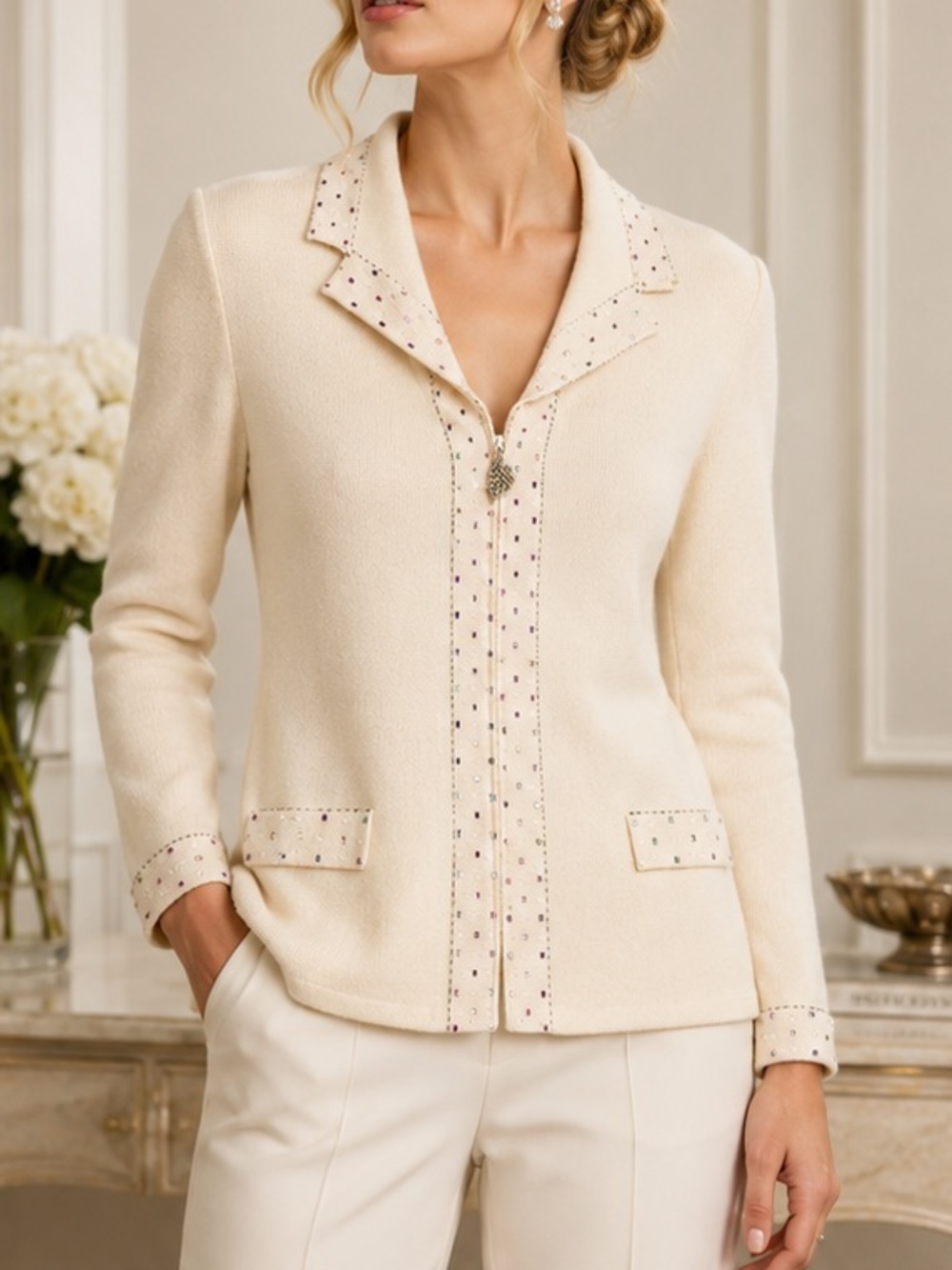 St. John Evening Marie Gray Blazer Cream Knit Charm Bedazzled 12 Embellished